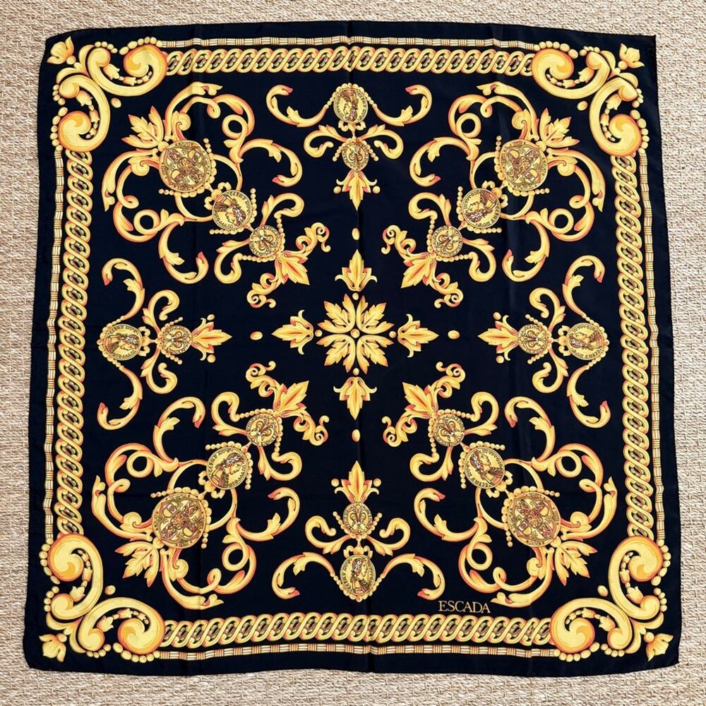 Escada Baroque Gold Black Silk Scarf 34”x35”